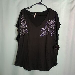 Black Rhinestone Floral V-Neck Blouse Short Sleeve Embellished Top